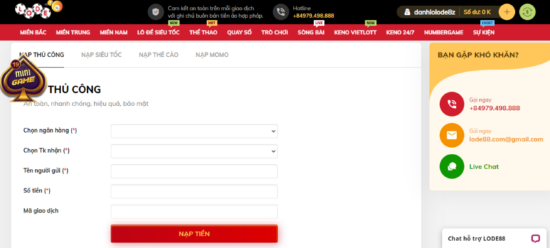Nạp tiền tại Lode88