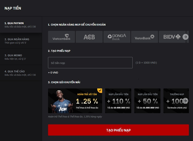 Các hình thức gửi tiền nhà cái MU9