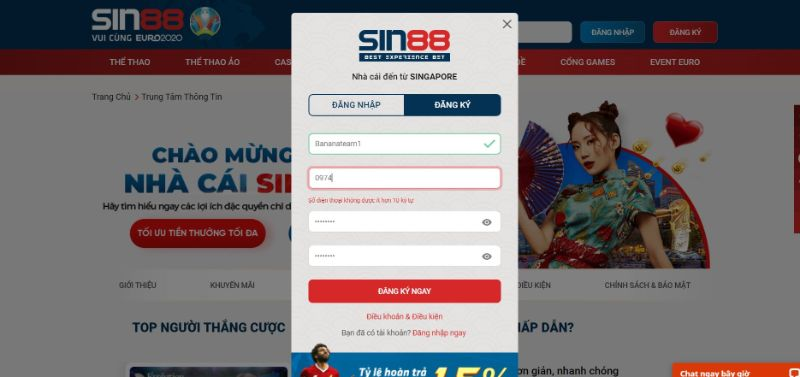 Cung cấp thông tin để đăng ký tài khoản Sin88