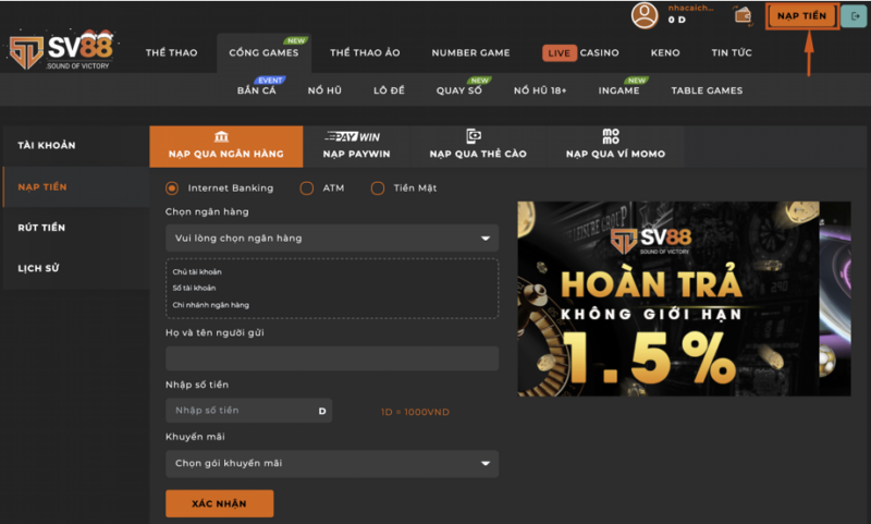 Cách nạp tiền vào nhà cái SV88.