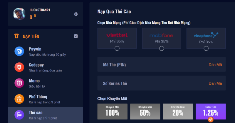 Nạp tiền qua thẻ cào