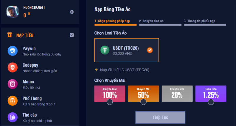 Nạp tiền qua tiền ảo