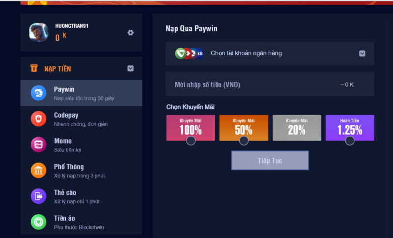 Phương thức nạp tiền tại TA88