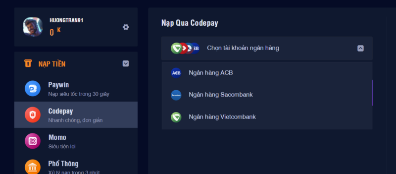 Nạp tiền qua code pay