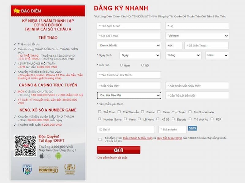 Tạo lập/ đăng ký tài khoản cá cược ở nhà cái 12bet