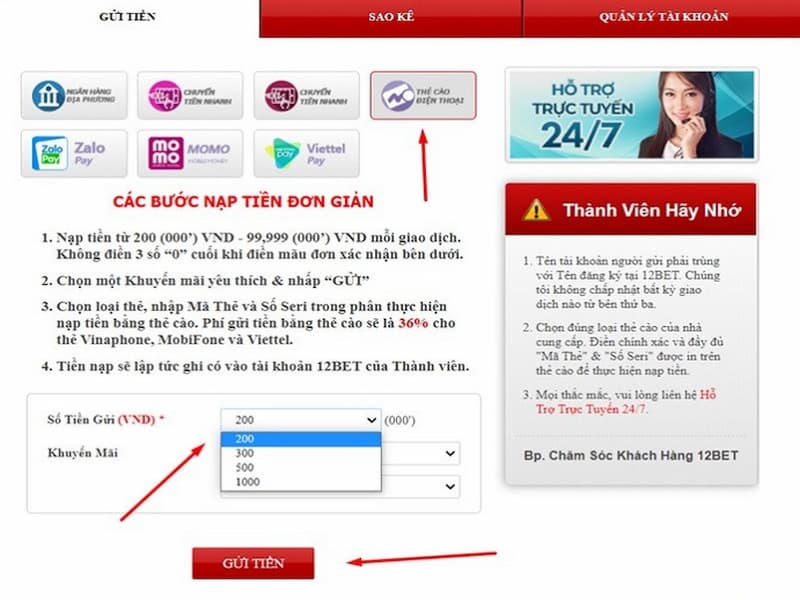 Gửi tiền nhanh chóng gọn lẹ với 12bet