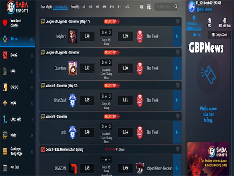 Cược Esport Thể thao với các giải đấu lớn