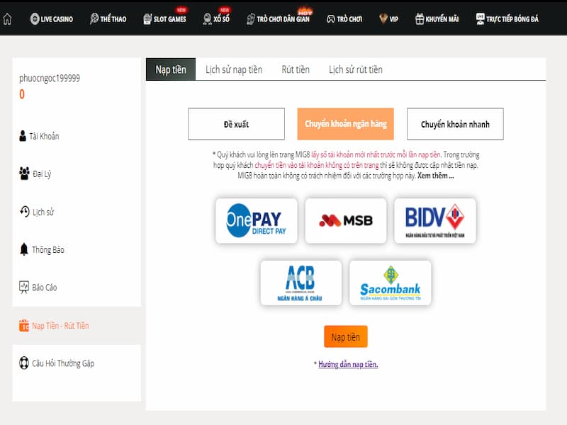 Gửi tiền nhanh và luôn tại Mig8