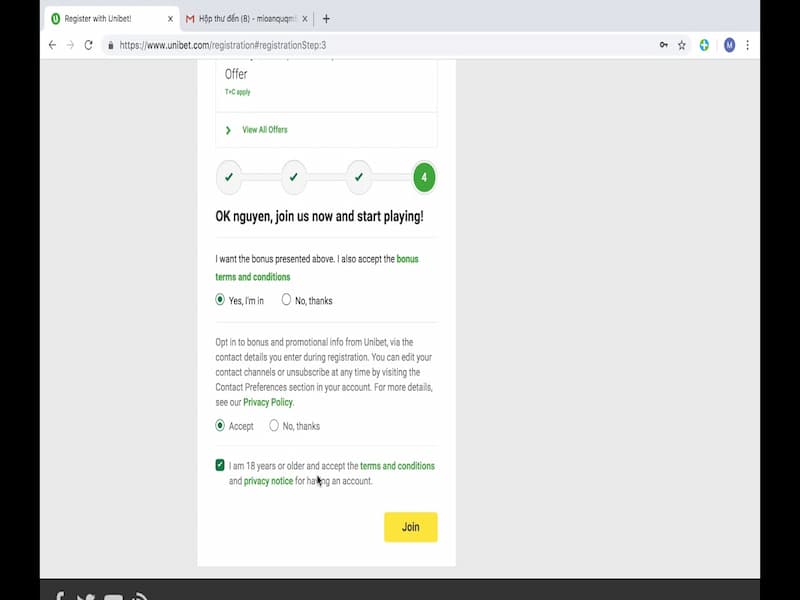 Thao tác mở tài khoản quốc tế tại nhà cái Unibet