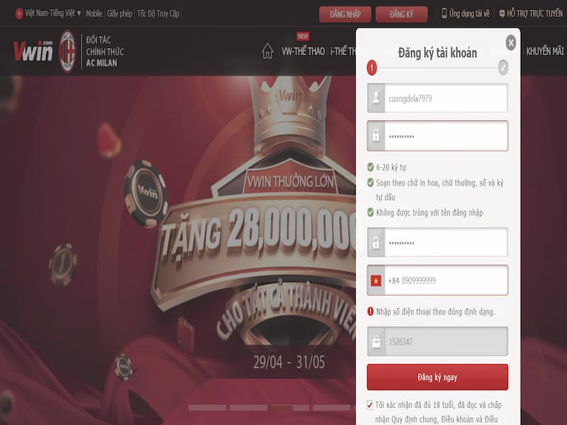 Các bước đăng ký vô cùng đơn giản tại nhà cái vwin