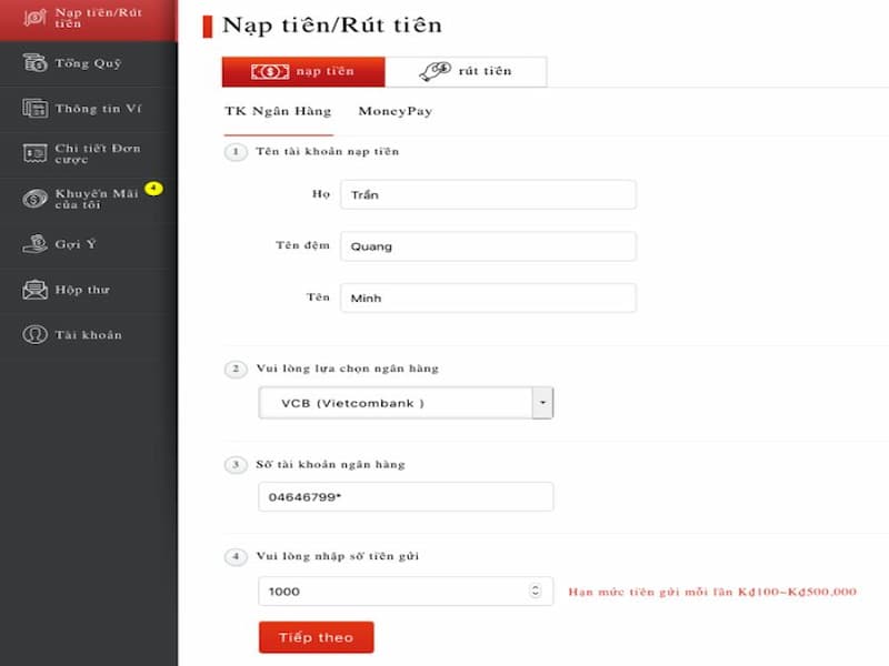 Gửi tiền theo nhiều hình thức ở vwin